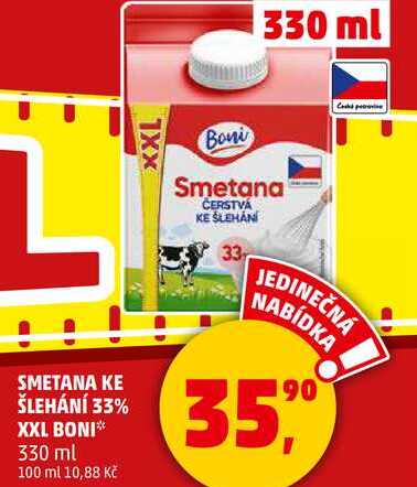 SMETANA KE ŠLEHÁNÍ 33% XXL BONI, 330 ml 