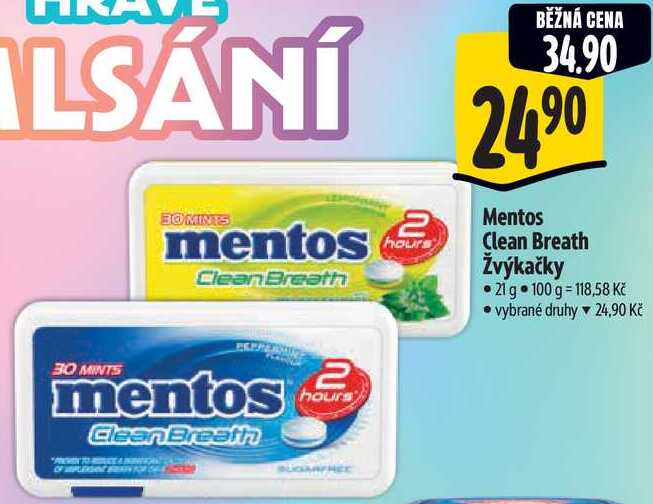 Mentos Clean Breath Žvýkačky, 21 g 
