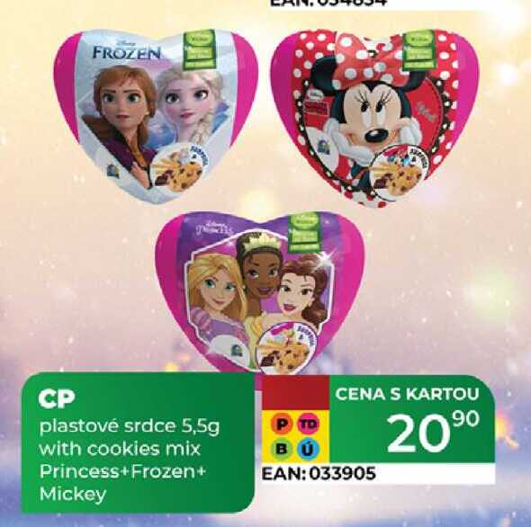 CP plastové srdce 5,5g with cookies mix Princess+Frozen+ Mickey