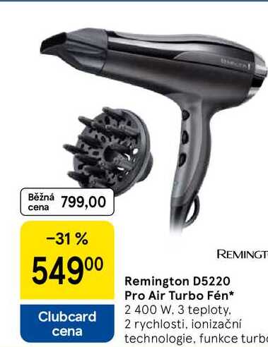 Remington D5220 Pro Air Turbo Fén, 2 400 W. 3 teploty. 2 rychlosti, ionizační technologie, funkce turb 