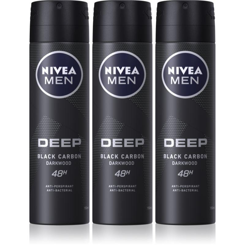 NIVEA MEN Deep Black Carbon Darkwood antiperspirant ve spreji výhodné balení pro muže 3 x 150 ml