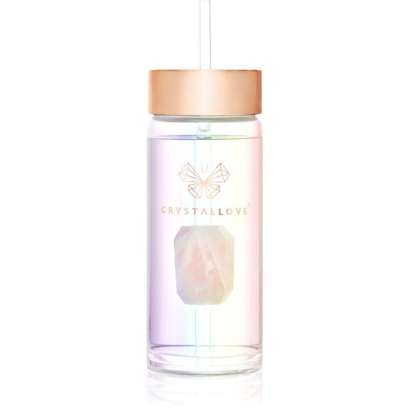 Crystallove Straw Water Bottle skleněná láhev na vodu s brčkem Hologram - Rose Quartz 400 ml