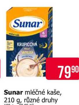 Sunar mléčné kaše, 210 g, různé druhy 