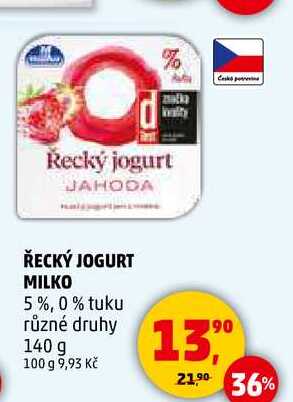 ŘECKÝ JOGURT MILKO 5%, 0% tuku různé druhy, 140 g