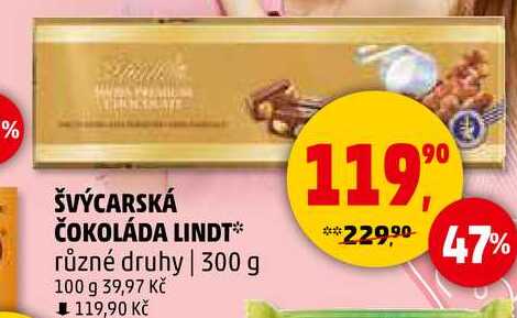 ŠVÝCARSKÁ ČOKOLÁDA LINDT různé druhy, 300 g 