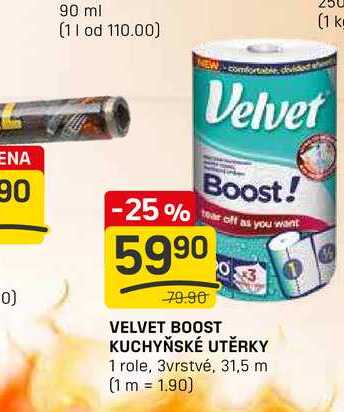 VELVET BOOST KUCHYŇSKÉ UTĚRKY 1 role, 3vrstvé, 31,5 m