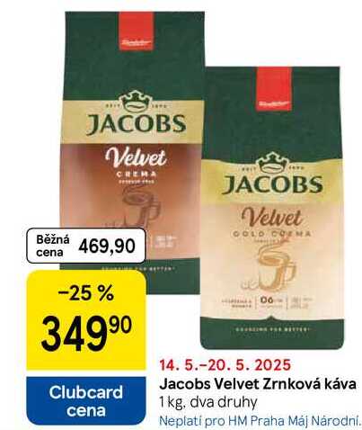 Jacobs Velvet Zrnková káva, 1 kg, dva druhy 