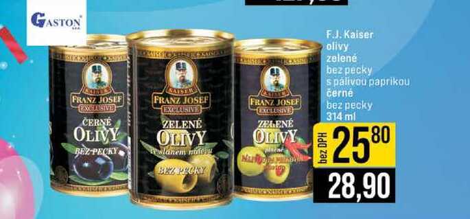 F.J. Kaiser olivy zelené bez pecky s palivou paprikou černé bez pecky 314 ml 