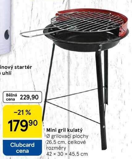 Mini gril kulatý Ø grilovací plochy 26.5 cm. celkové rozměry 42 x 30 x 45.5 cm 