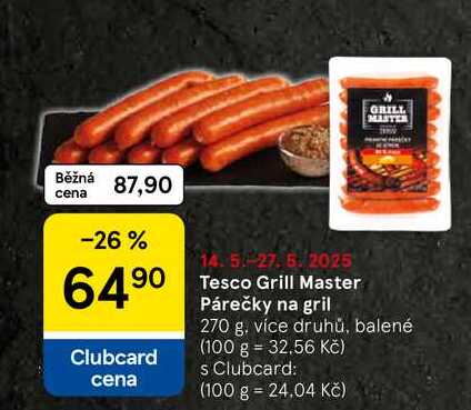 Tesco Grill Master Párečky na gril, 270 g. více druhů, balené 