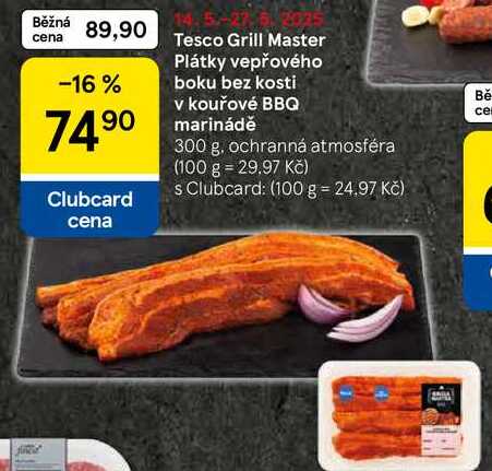 Tesco Grill Master Plátky vepřového boku bez kosti v kouřové BBQ marinádě, 300 g
