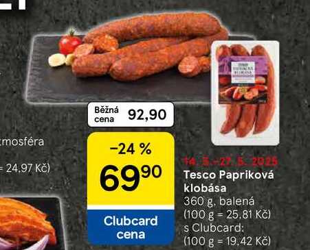 Tesco Papriková klobása, 360 g, balená 