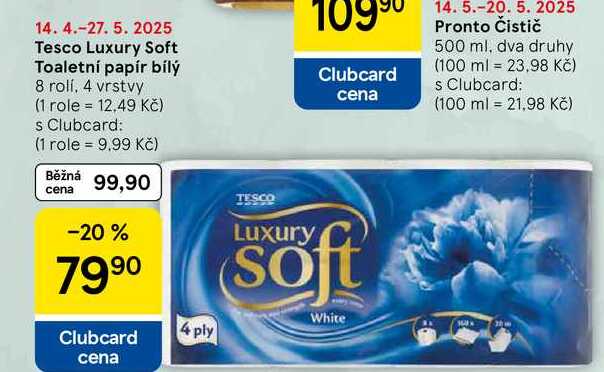Tesco Luxury Soft Toaletní papír bílý, 8 rolí, 4 vrstvy  