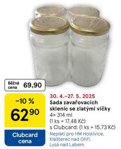 Sada zavařovacích sklenic se zlatými víčky, 4× 314 ml  