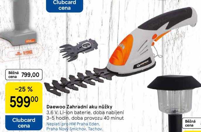 Daewoo Zahradní aku nůžky 3.6 V. Li-ion baterie, doba nabíjení 3-5 hodin, doba provozu 40 minut 
