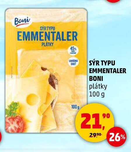 Boni SÝR TYPU EMMENTALER PLÁTKY 45%, 100 g