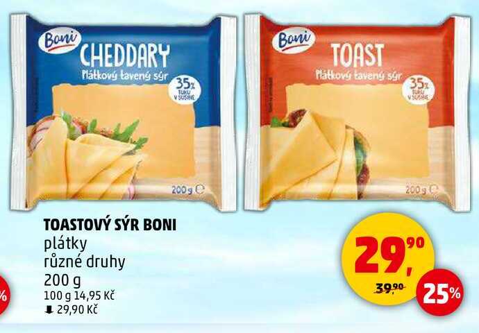 TOASTOVÝ SÝR BONI plátky různé druhy, 200 g  