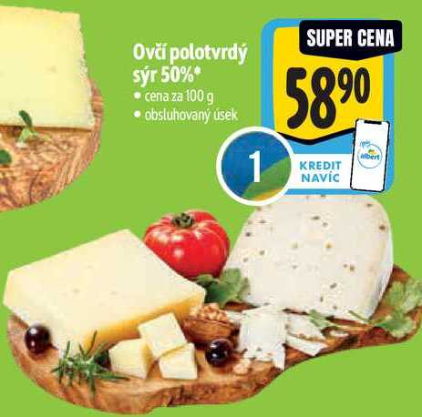 Ovčí polotvrdý sýr 50%, cena za 100 g