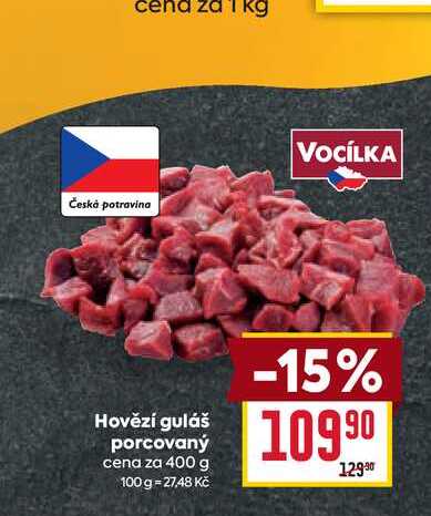Hovězí guláš porcovaný cena za 400 g 