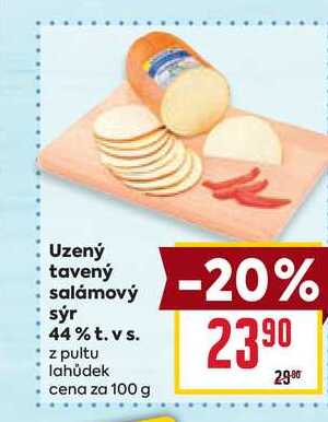 Uzený tavený salámový sýr 44% t. vs. z pultu lahůdek cena za 100g