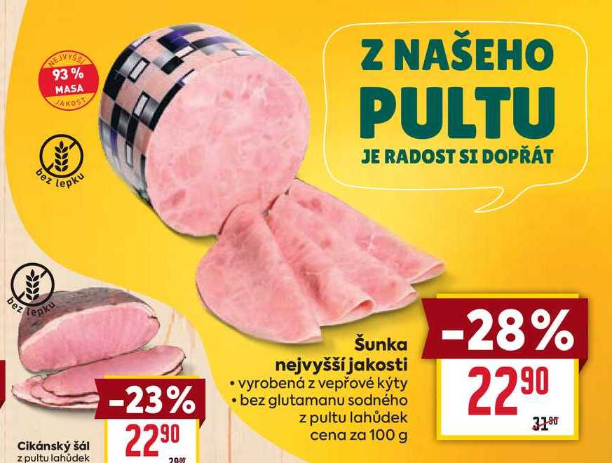 Šunka nejvyšší jakosti vyrobená z vepřové kýty bez glutamanu sodného z pultu lahůdek cena za 100 g 