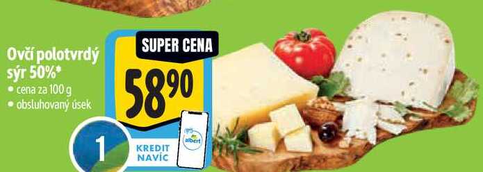 Ovčí polotvrdý sýr 50%, cena za 100 g 