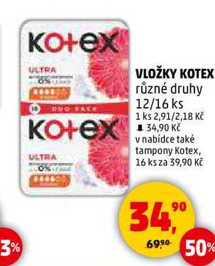 VLOŽKY KOTEX různé druhy, 12/16 ks