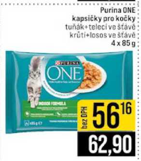 Purina ONE kapsičky pro kočky tuňák telecí ve stavě krūti+losos ve šťávě 4x85g