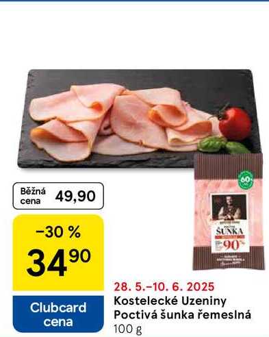 Kostelecké Uzeniny Poctivá šunka řemeslná, 100 g 