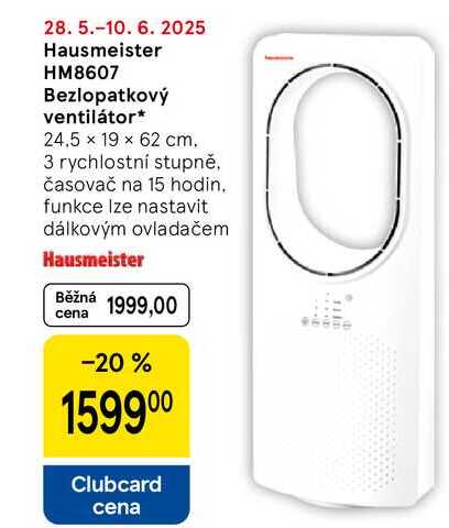 Hausmeister HM8607 Bezlopatkový ventilátor, 24.5 x 19 x 62 cm, 3 rychlostní stupně, časovač na 15 hodin 