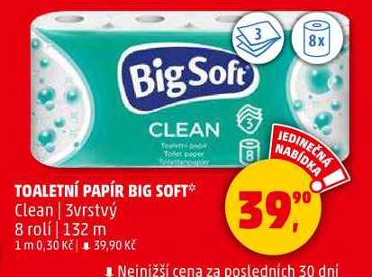 TOALETNÍ PAPÍR BIG SOFT Clean, 3vrstvý, 8 rolí 