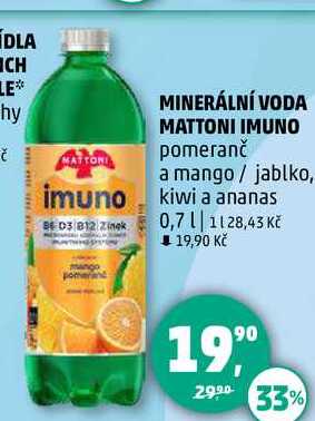 MINERÁLNÍ VODA MATTONI IMUNO pomeranč a mango, 0,7 l 