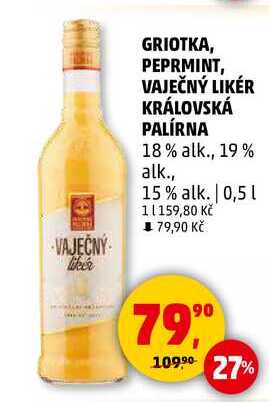 GRIOTKA, PEPRMINT, VAJEČNÝ LIKÉR KRÁLOVSKÁ PALÍRNA 18% alk., 19% alk., 15% alk., 0,5 l