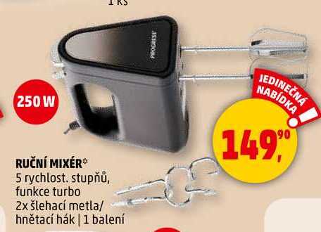 RUČNÍ MIXÉR, 5 rychlost. stupňů, funkce turbo 2x šlehací metla/ hnětací hák, 1 balení 