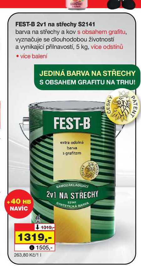 FEST-B 2v1 na střechy S2141 barva na střechy a kov s obsahem grafitu, vyznačuje se dlouhodobou životností a vynikající přilnavostí, 5 kg
