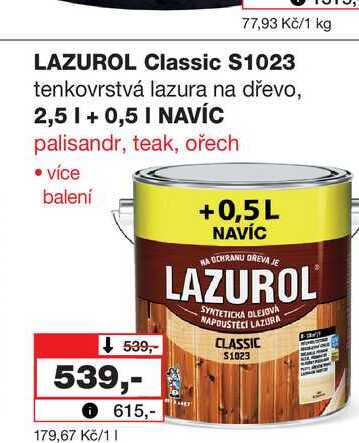 LAZUROL Classic S1023 tenkovrstvá lazura na dřevo, 2,5l