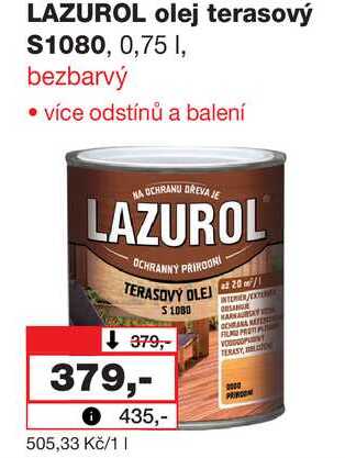 LAZUROL olej terasový $1080, 0,75 I, bezbarvý