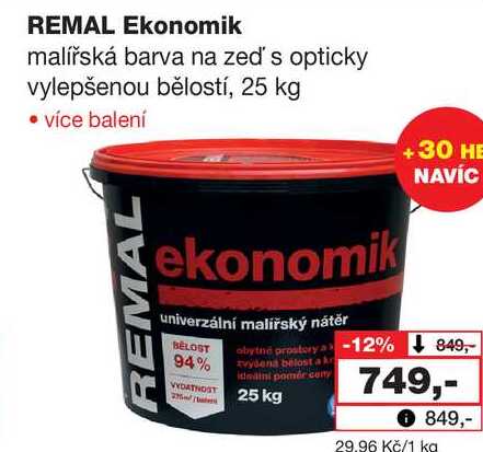 REMAL Ekonomik malířská barva na zeď's opticky vylepšenou bělostí, 25 kg 