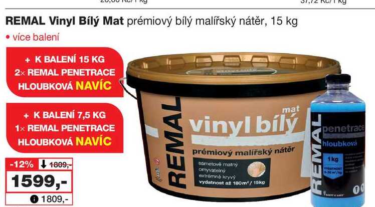 REMAL Vinyl Bílý Mat prémiový bílý malířský nátěr, 15 kg 