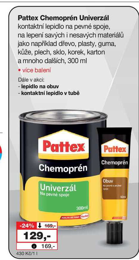 Pattex Chemoprén Univerzál kontaktní lepidlo na pevné spoje, na lepení savých i nesavých materiálů jako například dřevo, plasty, guma, kůže, plech, sklo, korek, karton a mnoho dalších, 300 ml 