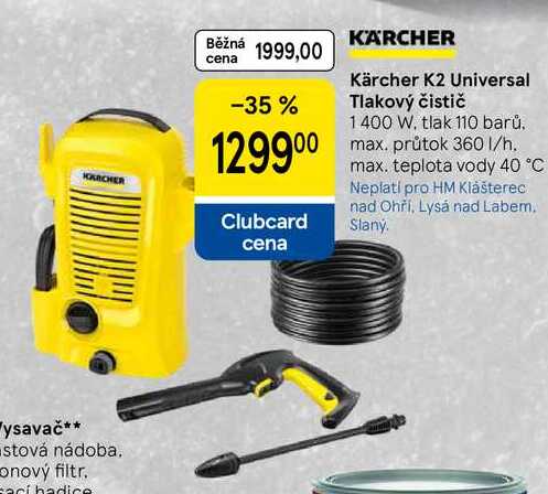 Kärcher K2 Universal Tlakový čistič, 1400 W. tlak 110 barů. max. průtok 360 l/h. max. teplota vody 40 °C 