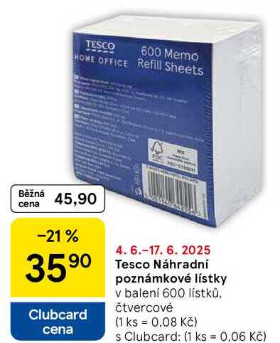 Tesco Náhradní poznámkové lístky v balení, 600 lístků, čtvercové  
