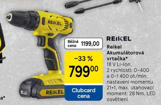 Reikel Akumulátorová vrtačka, 18 V Li-Ion. 2 rychlosti: 0-400 a 0-1 400 ot/min.  