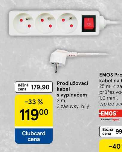 Prodlužovací kabel s vypínačem, 2 m. 3 zásuvky, bílý  