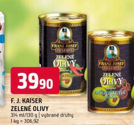 F. J. kaiser zelené olivy 314 ml/130 g vybrané druhy