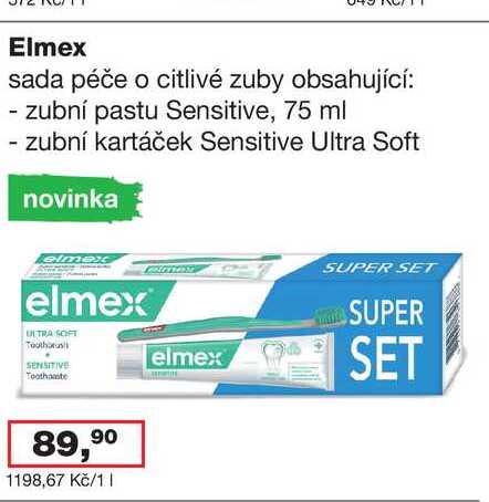 Elmex sada péče o citlivé zuby obsahující: - zubní pastu Sensitive, 75 ml - zubní kartáček Sensitive Ultra Soft