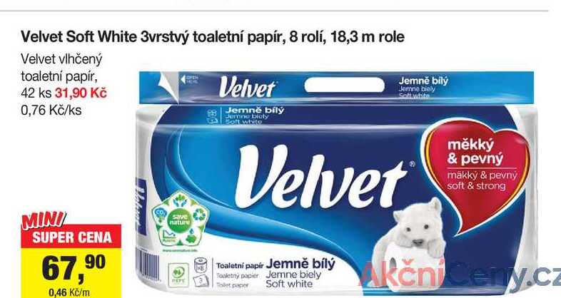 Velvet Soft White 3vrstvý toaletní papír, 8 rolí, 18,3 m 
