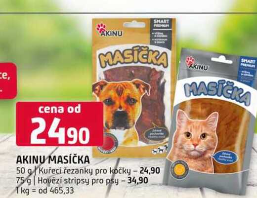 Akinu masíčka 50 g Kuřecí řezanky pro kočky 75 g Hovězí stripsy pro psy 