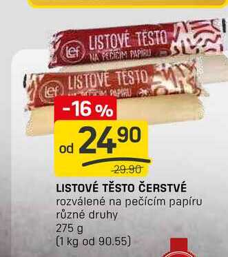 LISTOVÉ TĚSTO ČERSTVÉ rozválené na pečícím papíru různé druhy 275 g 
