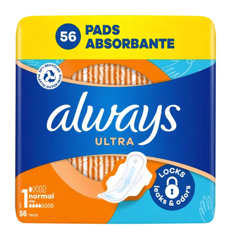 Always Dámské vložky Ultra Normal s křidélky, vel. 1, 56 ks